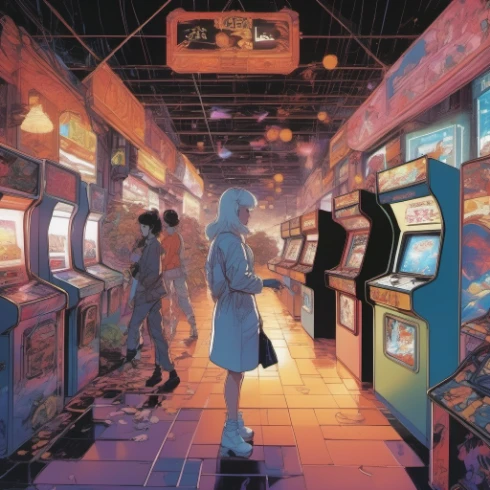 Vintage anime girl in arcade