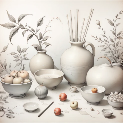 Still life in white, with two rotten fruits